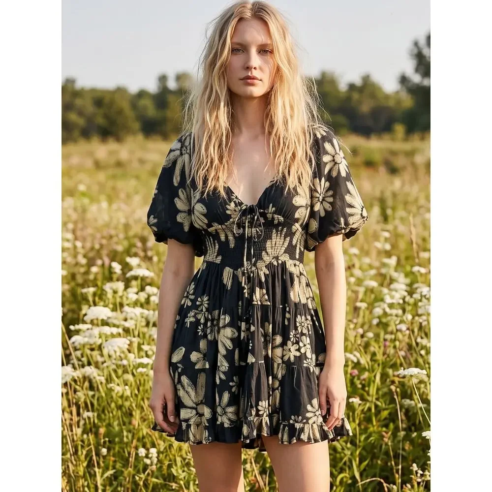 Free People Bohemian Floral Flutter Sleeve Perfect Day Printed Mini Dress Medium - Picture 2 of 16